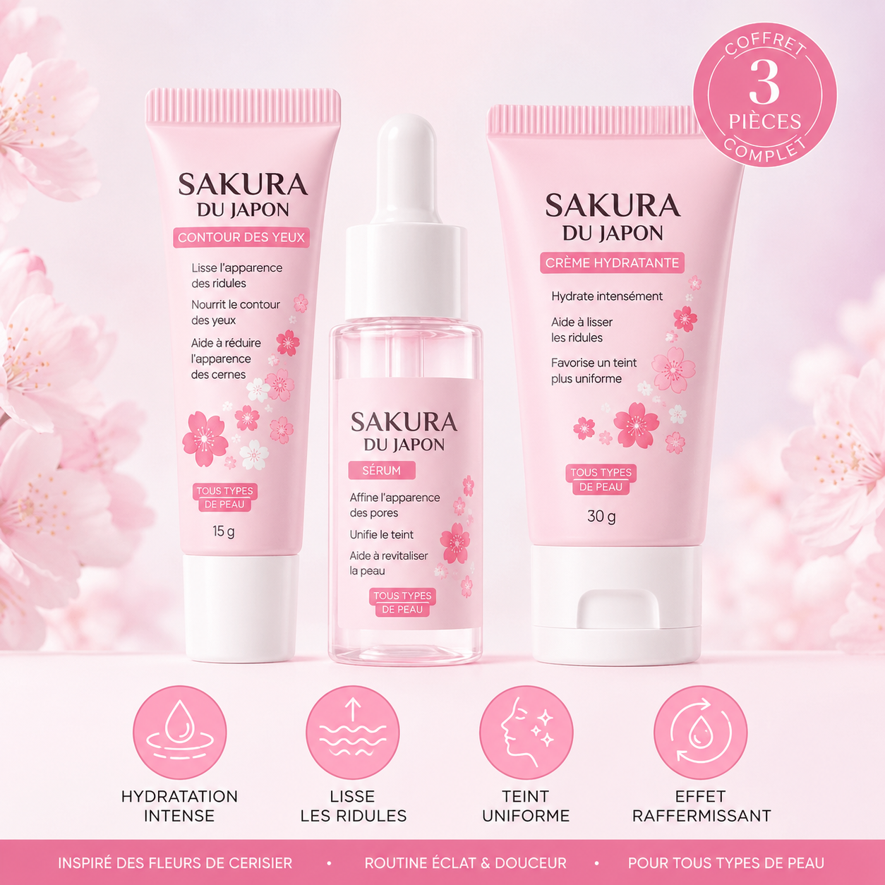 Coffret Soin Visage Sakura — Fleur de Cerisier | 3 ou 5 Pièces