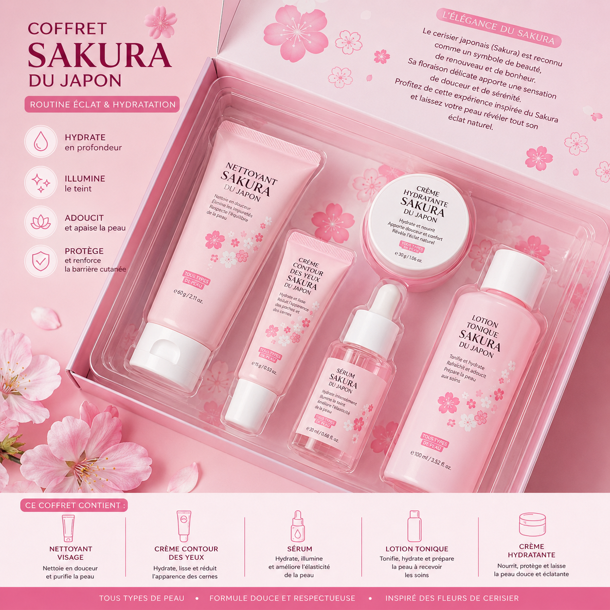 Coffret Soin Visage Sakura — Fleur de Cerisier | 3 ou 5 Pièces